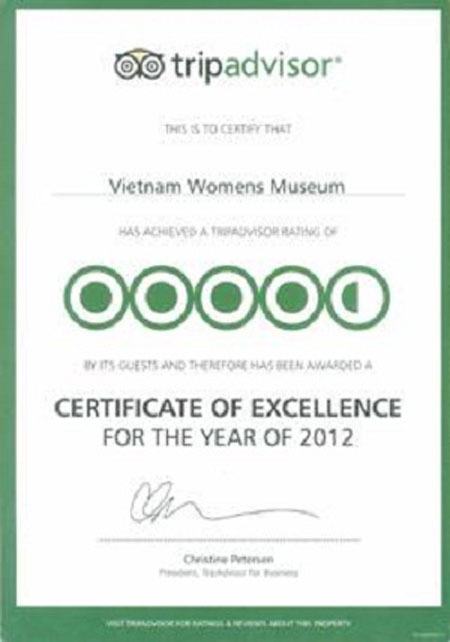 Bằng chứng nhận của website TripAdvisor trao cho Bảo tàng Phụ nữ Việt Nam.