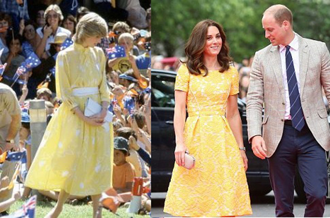 Diana đã mặc chiếc váy vàng nổi bật này khi ở Úc. Trong khi đó, Kate đã mặc chiếc váy vàng khác trong chuyến thăm Đức.