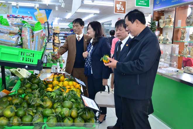 Các đại biểu tham quan trưng bày sản phẩm hàng nông sản tỉnh Yên Bái tại siêu thị Hapromart C13, Thành Công, Hà Nội.
