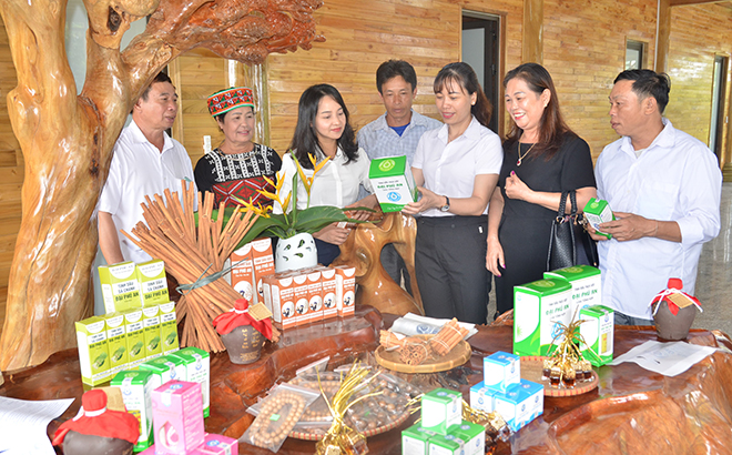 Người dân thăm quan, mua sắm tại điểm giới thiệu sản phẩm OCOP của huyện Văn Yên tại thị trấn Mậu A.