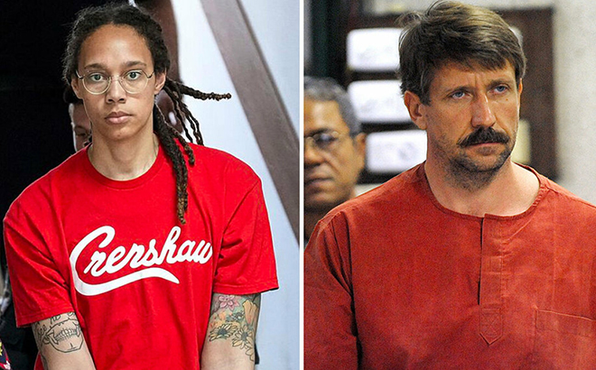 Cựu ngôi sao đội tuyển bóng rổ nữ Mỹ Brittney Griner (trái) và công dân Nga Viktor Bout.