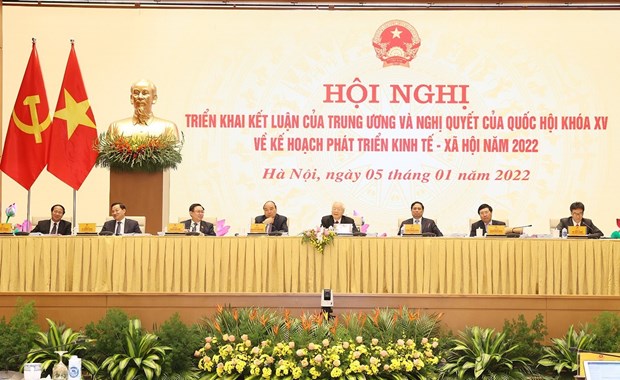 Tổng Bí thư Nguyễn Phú Trọng cùng các đồng chí lãnh đạo Đảng, Nhà nước chủ trì hội nghị. (Ảnh: TTXVN)