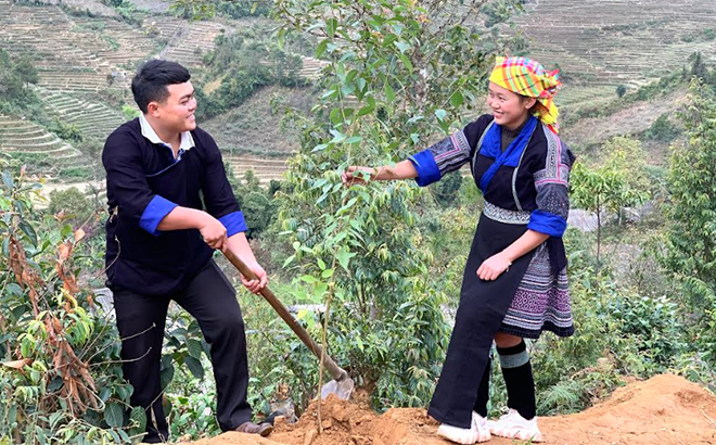 Giang A Do and Hang Thi Vang plant trees on the road to “Happy village”. 
