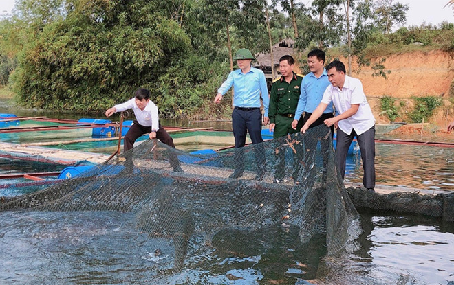 Bí thư Huyện ủy Yên Bình An Hoàng Linh (thứ 2, trái sang) kiểm tra mô hình cá lồng tại xã Phúc An.