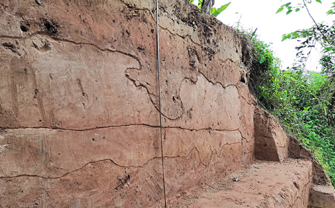 Dấu vết địa tầng được phát hiện sau thám sát thăm dò khai quật tại thôn Đồng Gianh, xã Đào Thịnh, huyện Trấn Yên.