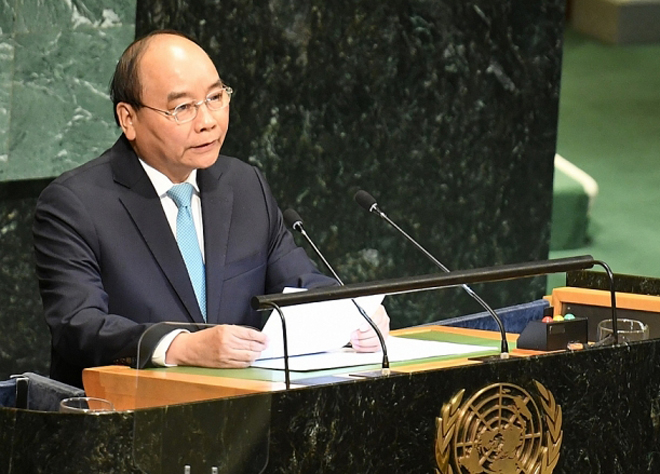 Thủ tướng Nguyễn Xuân Phúc phát biểu tại phiên thảo luận cấp cao Đại hội đồng Liên hợp quốc ngày 28/9/2018. (