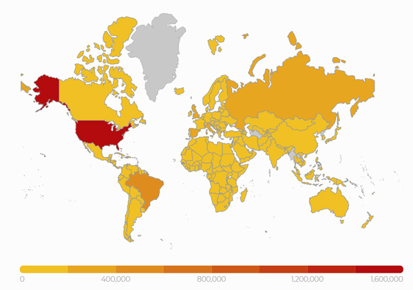 Bản đồ mô tả tình hình nhiễm virus nCoV trên thế giới