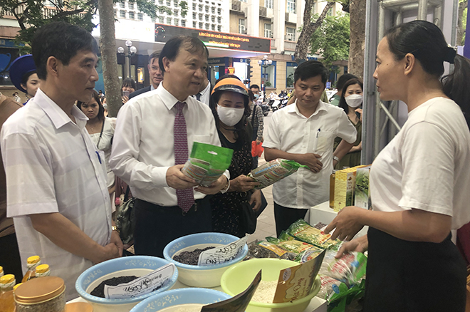 Thứ trưởng Bộ Công thương Đỗ Thắng Hải (thứ 2, trái sang) tham quan gian hàng tỉnh Yên Bái.