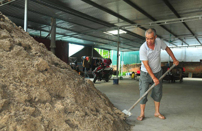 Ông Nguyễn Xuân Tĩnh chuẩn bị nguyên liệu cho vụ trồng nấm mới.