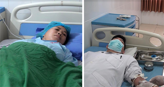Bác sỹ Đỗ Trung Kiên (phải) và bệnh nhân Hoàng Thị Thủy -người được cứu sống nhờ việc hiến máu kịp thời của bác sĩ Kiên.