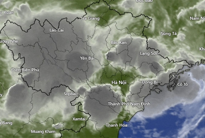 Hình ảnh mây vệ tinh đêm 8/6 cho thấy vùng mây dông gây mưa tập trung ở Tây Bắc Bộ và khu vực Đông Bắc