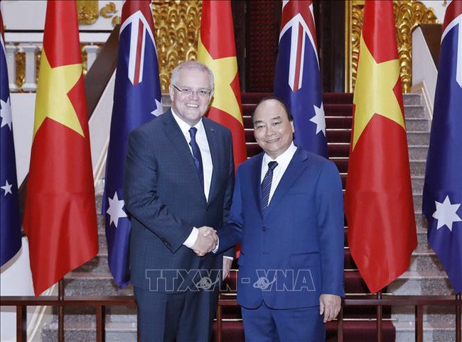 Thủ tướng Nguyễn Xuân Phúc và Thủ tướng Australia Scott Morrison tại trụ sở Chính phủ.