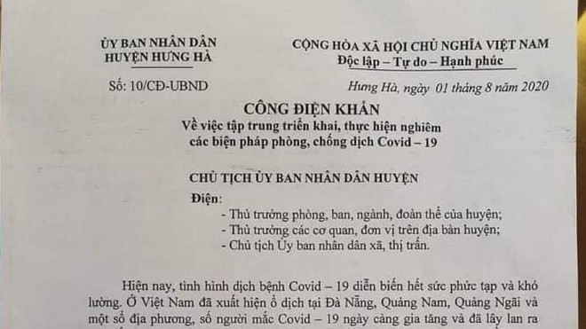 Huyện Hưng Hà ra công điện khẩn sau khi phát hiện 1 công dân dương tính với Sars-CoV-2