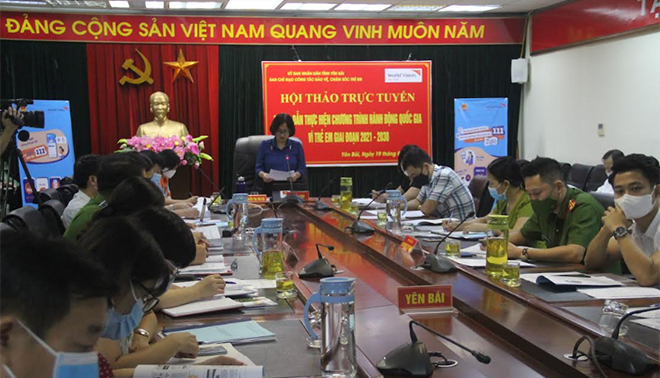 Quang cảnh Hội thảo trực tuyến hướng dẫn thực hiện Chương trình hành động quốc gia vì trẻ em của tỉnh.