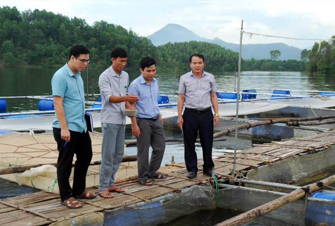Lãnh đạo các phòng chuyên môn huyện Yên Bình kiểm tra việc nuôi cá lồng trên hồ Thác Bà thuộc Đề án tái cơ cấu ngành nông nghiệp.