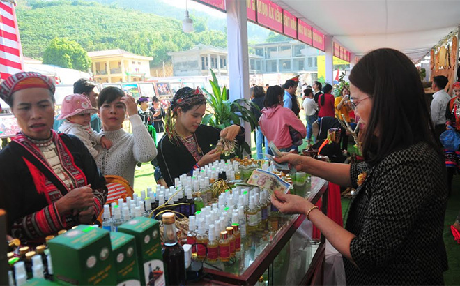 Van Yen cinnamon cooperative introduces cinnamon-made products at a fair.